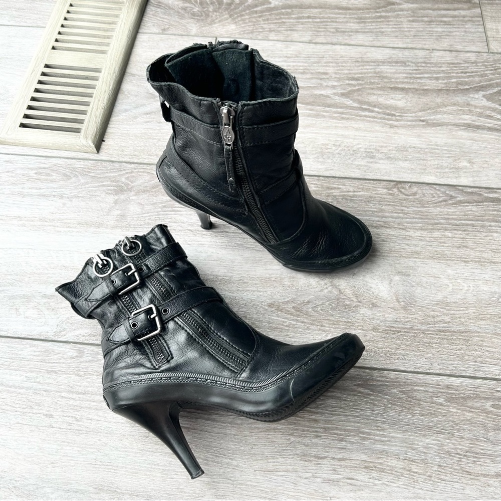 ASH PENNY Black Leather Ankle Sneaker Heeled Buckle Boots